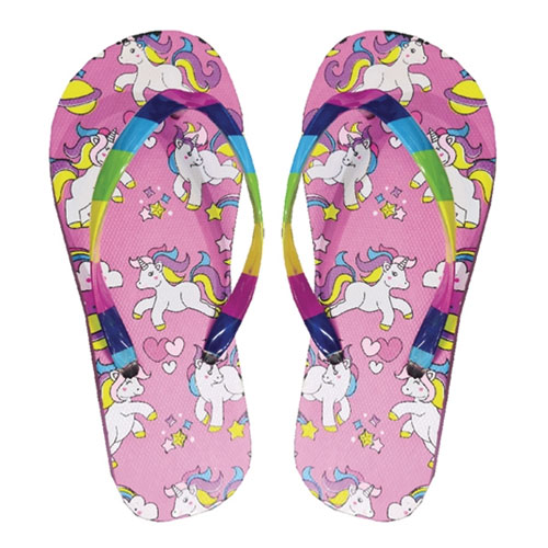 Girls Unicorn Print Flip Flops with Rainbow Strap
