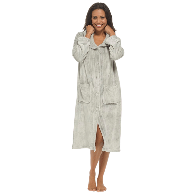 Ladies Soft Touch Flannel Cut Fleece Button Gown with Shawl Collar - Grey