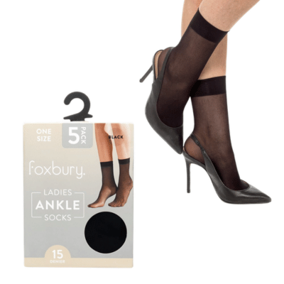 Ladies 5 Pack Black 15 Denier Ankle High Socks