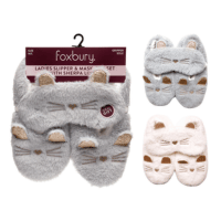 Ladies Cat Faux Fur Slipper Socks With 3D Sleep Mask