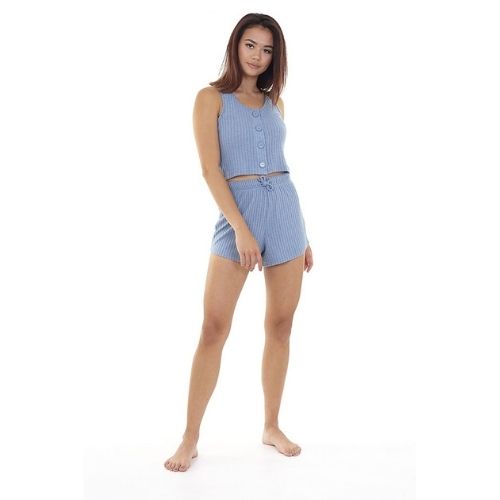 Blue Ribbed Button Up Cropped Lounge Set