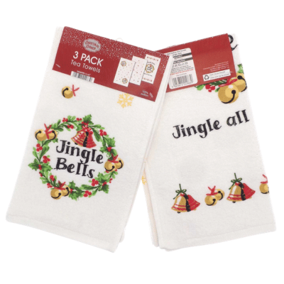 Jingle Bells Design 100% Cotton 3 Pack Velour Tea Towels