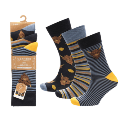 Mens 3 Pack Bamboo Highland Cow Design Socks