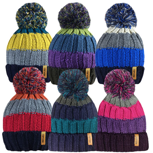 Adults Striped Knitted Bobble Hat With Pom Pom