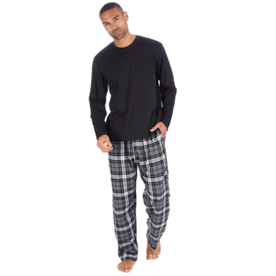 Mens Jersey Long Sleeve & Woven Check Lounge Pant Set - Black & Grey Check
