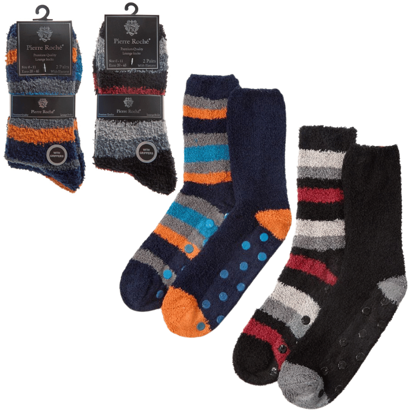 Mens 2 Pack Stripe Cosy Socks With Grippers
