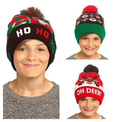 Kids Christmas LED Pom Pom Hat