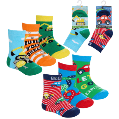 Baby Boys 3 Pack Digger/Car Design Socks