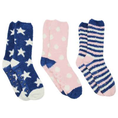 Ladies 3 Pack Snuggle Toe Cosy Socks With Gripper - Stripes & Spots
