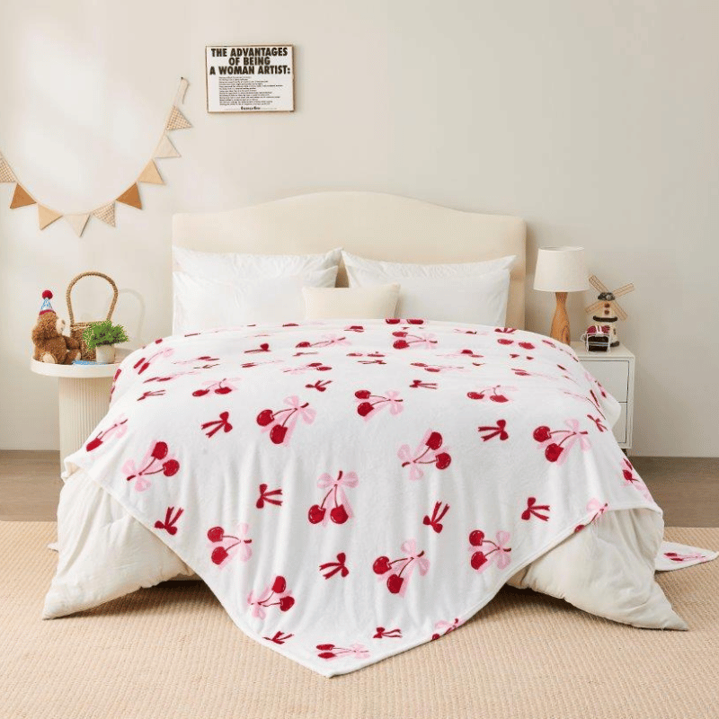 Fun Design Flannel Throw - Cherries & Bows 170cm x 230cm