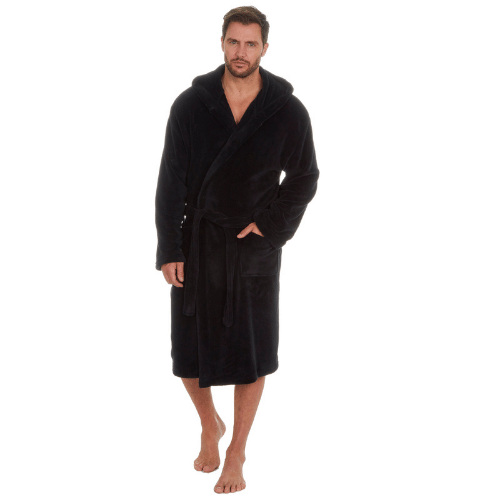 Mens Hooded Coral Fleece Dressing Gown Black Wholesale Nightwear