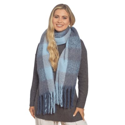Ladies Blue Check Scarf With Tassle