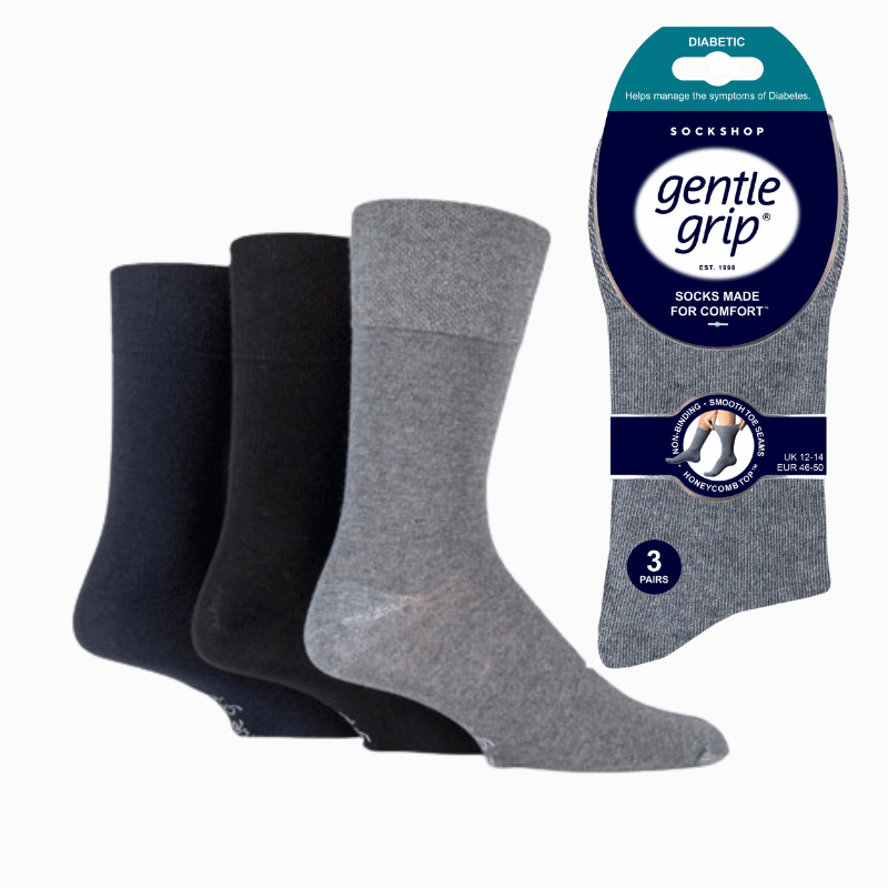 Mens Big Foot Diabetic Gentle Grip Socks Black Navy Grey