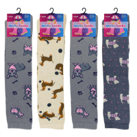 Ladies Cotton Rich Welly Socks Dog Stripes