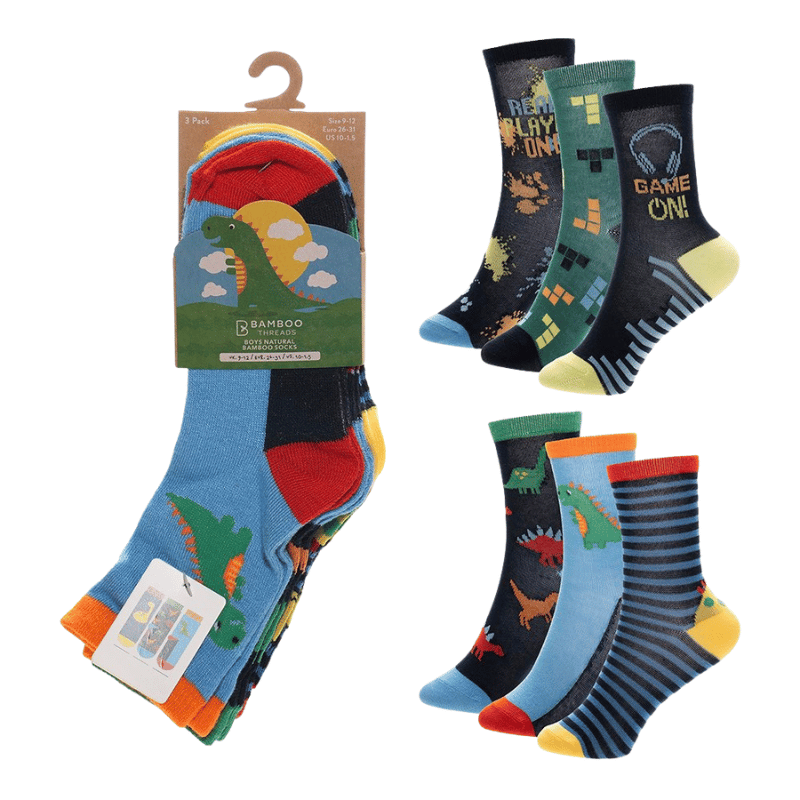 Boys 3 Pack Bamboo Dino/Game Design Socks