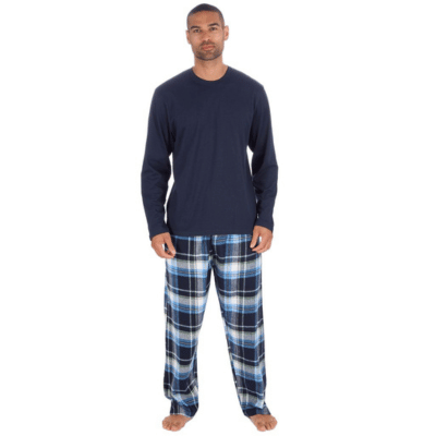 Mens Jersey Long Sleeve & Woven Check Lounge Pant Set Navy Check