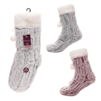 Ladies Furry Lounge Socks With Sherpa Lining & Pom Pom