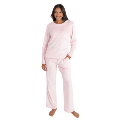 Ladies Clip Stripe Micro Fleece Lounge Set - Pink