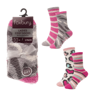 Ladies 2 Pack Fancy Design Cosy Socks With Grippers