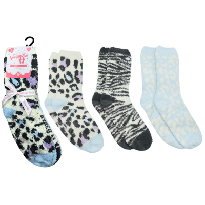 Ladies 3 Pack Snuggle Toe Cosy Socks With Gripper - Animal Prints