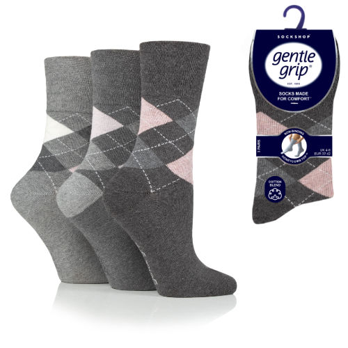 Ladies Gentle Grip Socks Argyle Grey - Charcoal