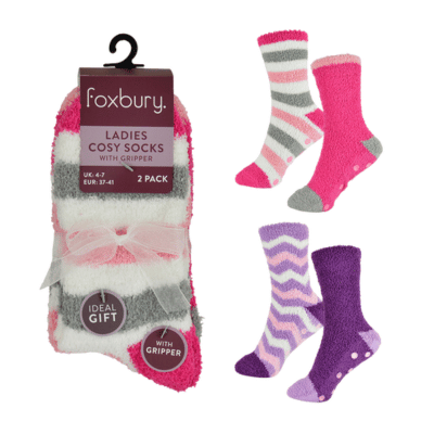 Ladies 2 Pack Stripe Cosy Socks With Gripper