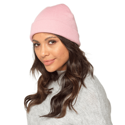 Ladies Plain Knit Hat With Turn Up - Pink