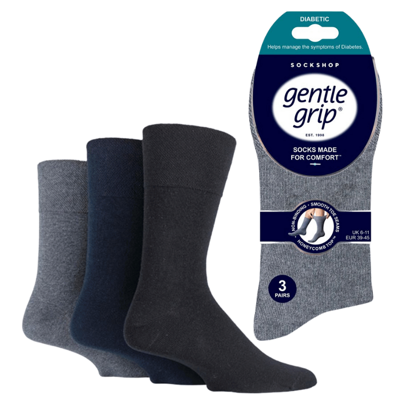 Mens Diabetic Gentle Grip Socks Black Navy Grey