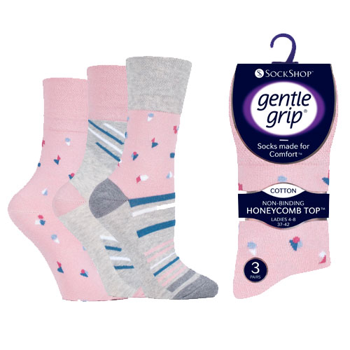 Ladies Gentle Grip Socks Petals Pink/Grey