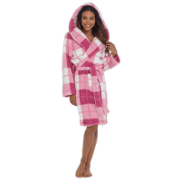 Ladies Foxbury Fluffy Sherpa Printed Check Hooded Gown Knee - Pink Check