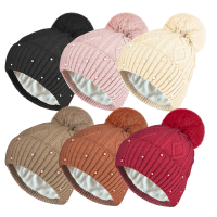 Ladies Faux Fur Lined Cable Knit Pom Pom Hat With Pearl Detail