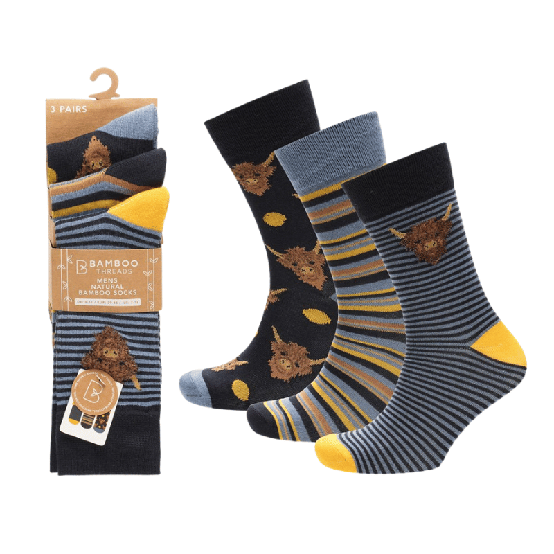 Mens 3 Pack Bamboo Highland Cow Design Socks