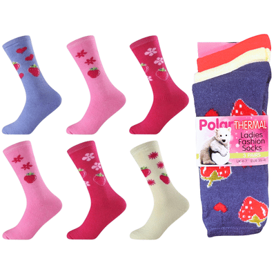 Ladies Brushed 3 Pack Thermal Socks - Strawberry Design