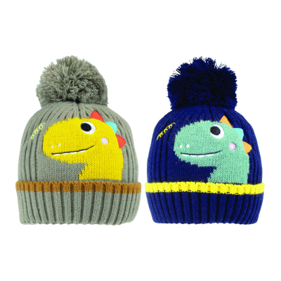 Babies Dino Print Knitted Bobble Hat With Lining