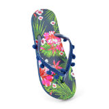 Ladies Tropical Print Flip Flops With Pom Poms Navy