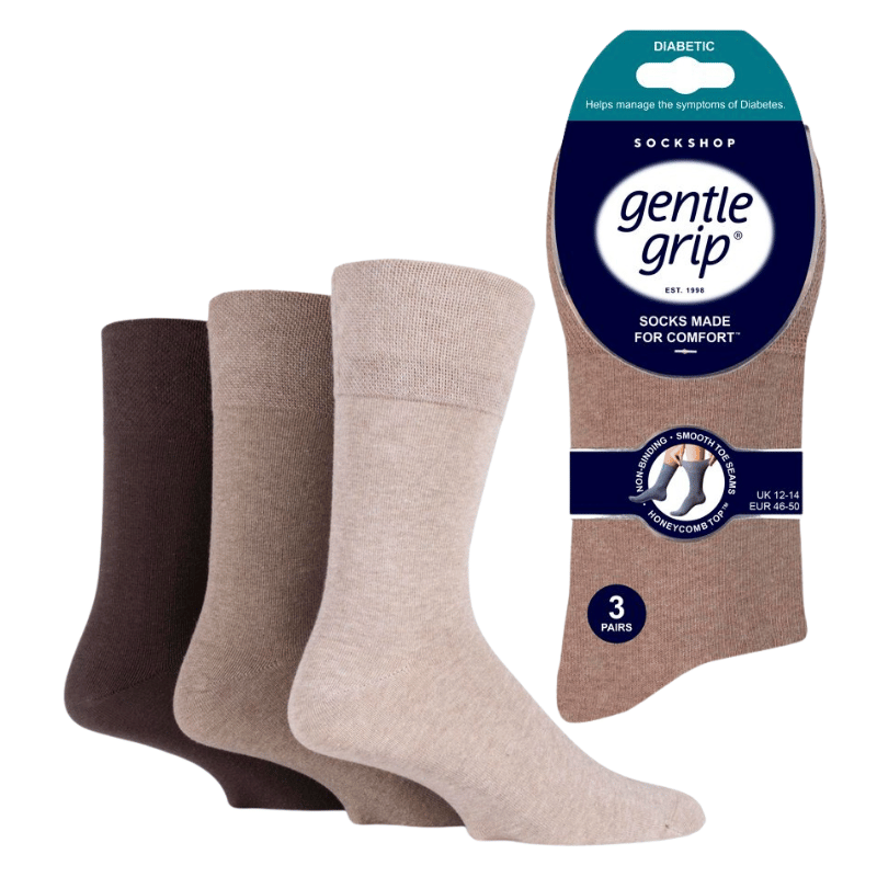 Mens Big Foot Diabetic Gentle Grip Socks Brown Assorted