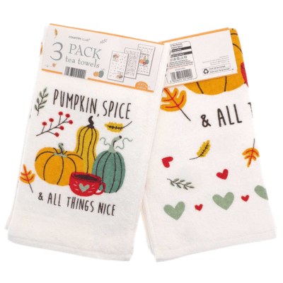 Pumpkin Spice Autumnal Design 100% Cotton 3 Pack Velour Tea Towels