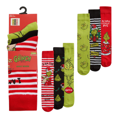 Official Kids 3 Pack The Grinch Design Socks