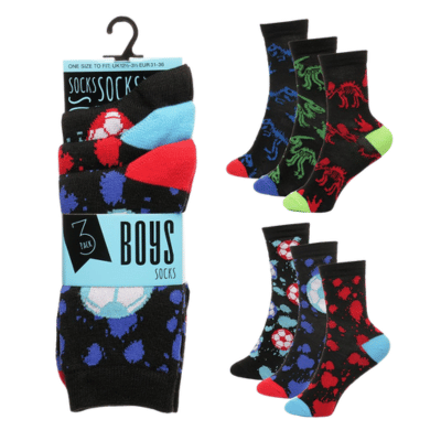 Boys 3 Pack Football & Dino Design Socks