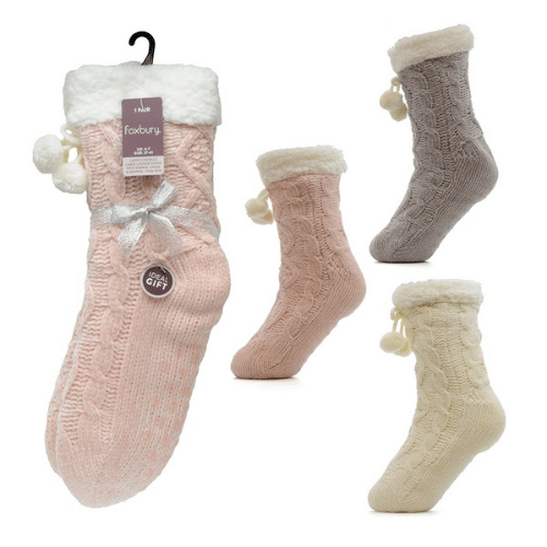 Ladies Chenille Cable Lounge Socks With Sherpa Lining & Gripper ...