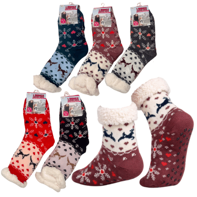 Ladies Cosy Sherpa Gripper Socks Stag Heart