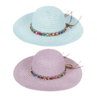 Ladies Wide Brim Straw Hat With Beaded Band