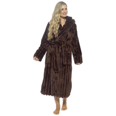 Ladies Supersoft Deep Pile Ribbed Fleece Hooded Gown - Chocolate