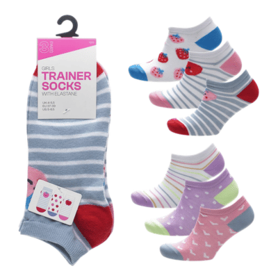 Girls 3 Pack Mixed Design Trainer Socks
