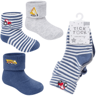 Baby Boys 3 Pack Turn Over Top Embroidered Socks - Tractors
