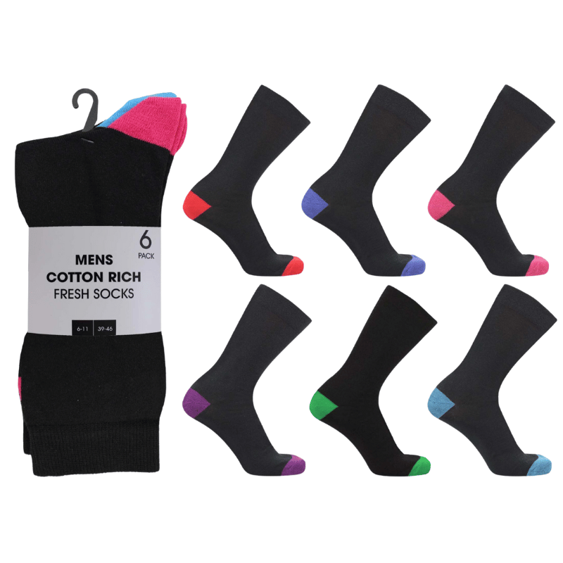 Mens 6 Pack Cotton Rich Fresh Socks Coloured Heel & Toe