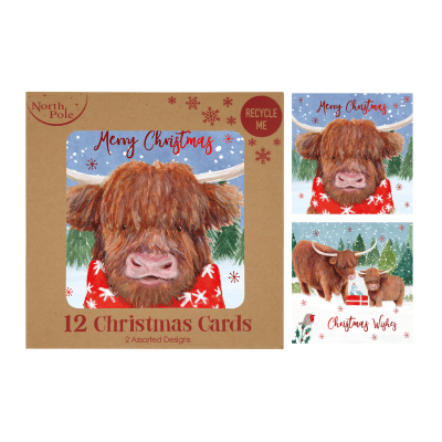 Festive Highland Cow 12 Pack Christmas Cards