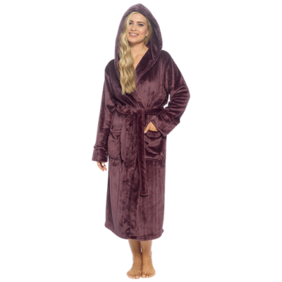 Ladies Supersoft Flannel Fleece Hooded Wrap Gown - Plum