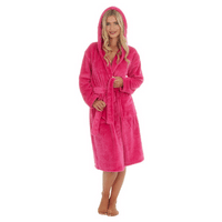 Ladies Hot Pink Flannel Fleece Hooded Dressing Gown