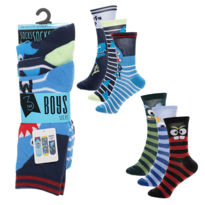 Boys 3 Pack Faces & Sharks Design Socks